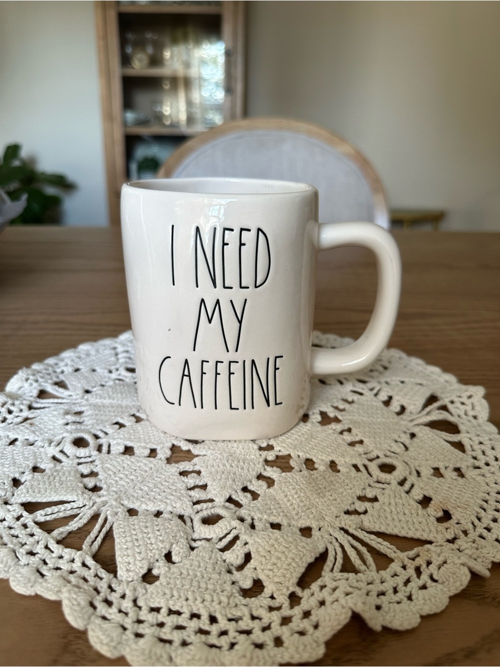 Rae Dunn White Ceramic Mug with Black 'I Need My Caffeine' Text
